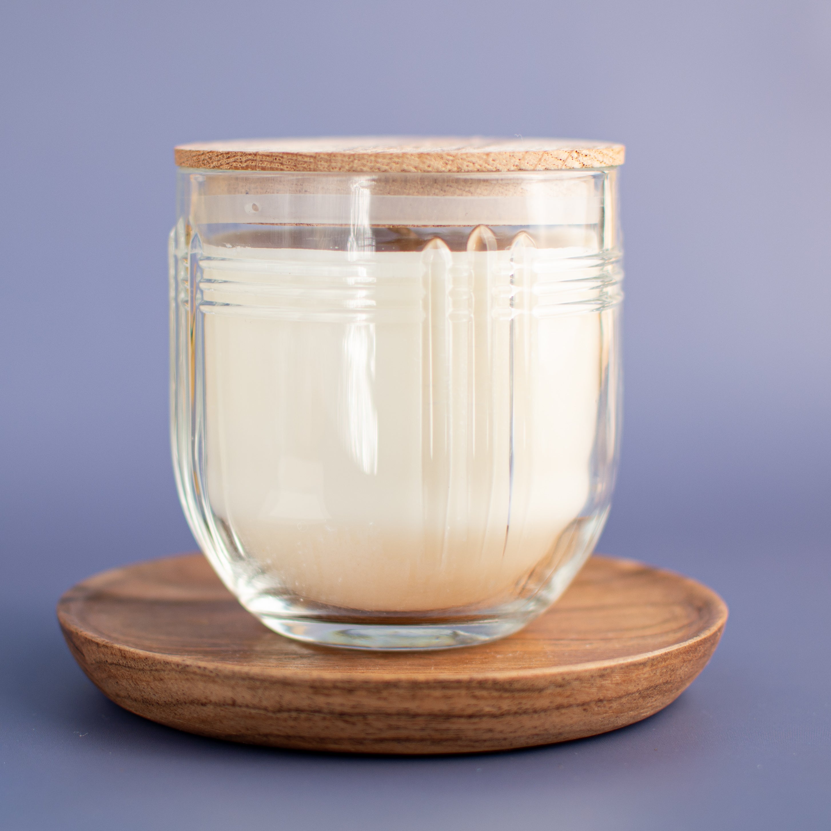 The Chicago unscented candle in Art Deco Libbey rocks glass with oak lid by Unscented Candle Company